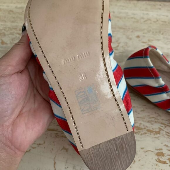 Miu miu stripe bow flats size 38 nautical summer beach - Picture 2 of 11